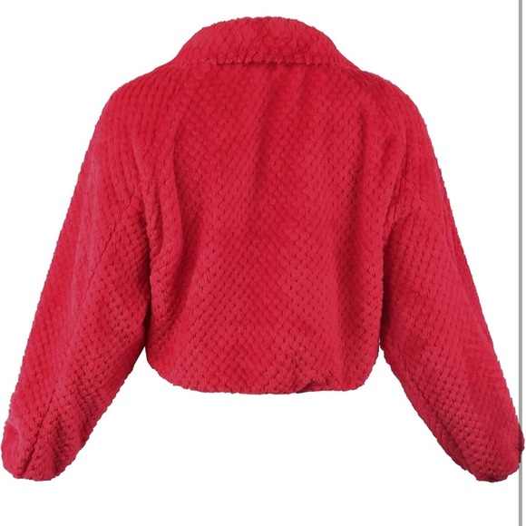 Red Fuzzy Textured Zip-Up Cropped Jacket - Picture 8 of 10